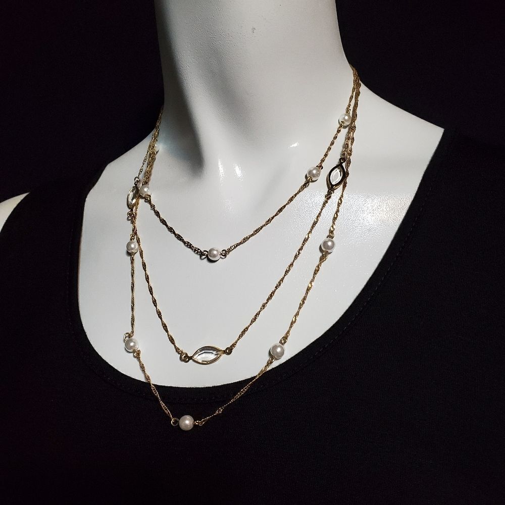 Avon Gold Tone & Faux Pearl Multilayer Necklace